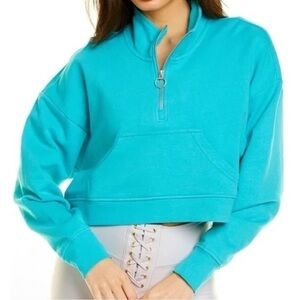 WeWoreWhat Cropped Terry Half Zip Sweatshirt in Teal